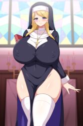 1girls aikome_(haikome) areolae big_breasts blonde_hair breasts cross_necklace curvy_figure eye_contact female haikome high_resolution holding_object huge_breasts large_breasts long_hair looking_at_viewer mari_(haikome) mature mature_female milf mother nipple_bulge nipples nun nun's_habit original purple_eyes smile solo thick_thighs thigh_gap thighhighs voluptuous wide_hips