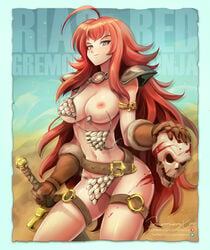 1girls antenna_hair armor blush breasts brown_gloves female female_only fusion gloves green_eyes high_school_dxd jammeryx long_hair navel nipples red_hair red_sonja red_sonja_(comics) rias_gremory skull smile solo standing sword very_long_hair