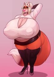 1girls anthro big_nipples dress fox_ears fox_tail furry furry_only gigantic_breasts glasses high_heels huge_ass huge_breasts latex_stockings milf quotefox shirt thick_lips thick_thighs