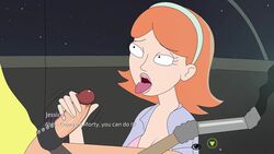 1boy 1girls awaiting_cum big_penis encouragement female ferdafs hairband handjob imminent_cumshot imminent_facial jessica_(rick_and_morty) lips lipstick long_hair looking_at_another male morty_smith open_mouth orange_hair penis rick_and_morty rick_and_morty:_a_way_back_home robot_humanoid tongue tongue_out unbuttoned_shirt unseen_male_face vehicle