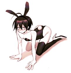 ahoge ass_up bodysuit bunny_ears bunny_tail bunnysuit clothing colored_sketch crossdressing cute danganronpa danganronpa_(series) danganronpa_v3 eyelashes_visible_through_hair femboy feminine_male flustered frown heels high_heels legs_apart male male_focus male_only messy_hair on_all_fours on_knees raised_eyebrows saihara_shuuichi short_hair shuichi_saihara skinny stiletto_heels stockings straight_hair strapless thighhighs tight_clothing twink