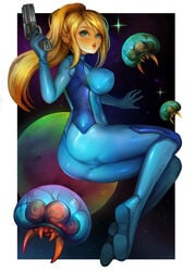 ass big_breasts blonde_female blonde_hair blue_eyes blush bodysuit breasts cameltoe clothed clothing fetal_position gun holding_object looking_at_viewer metroid metroid_(creature) nintendo pinup ponytail samus_aran sideboob skin_tight space star very_long_hair vlankt zero_suit zero_suit_samus