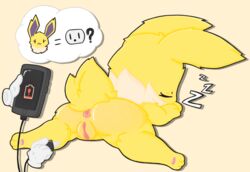 anus ass bodily_fluids canid canine closed_eyes disembodied_hand duo dustyspaghetti eeveelution female feral fur genitals hi_res jolteon lying mammal nintendo outlet phone pokémon_(species) pokemon pussy simple_background sleeping solo_focus sploot sweat thought_bubble video_games yellow_body yellow_fur