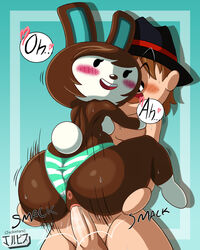 2021 animal_crossing animal_crossing_boy anthro anus ass big_butt black_eyes black_nose blush brown_fur brown_hair bunny bunny_ears bunny_girl carmen_(animal_crossing) furry human jackintaro nintendo panties penis pussy underwear vagina vaginal_penetration villager_(animal_crossing)