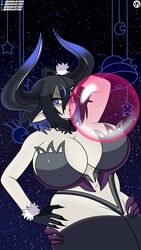 asagi_asagiri bikini black_hair blue_eyes breasts bubble_gum bursting_breasts cape cleavage demon demon_girl disgaea disgaea_rpg female fur_collar gradient_horns hand_on_thigh hand_over_head horn horns huge_breasts large_breasts nippon_ichi_software overlord_asagi pointy_ears realantking sling_bikini space thick_thighs