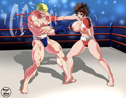 1boy 1girls 2d arena bare_breasts barefoot blonde_hair blood bloody_nose blue_boxing_gloves blue_gloves boxing boxing_gloves boxing_match boxing_ring brown_hair canon competition female female_domination femdom fight fighting gloves gym_shorts jockstrap lesbian male male/female malesub mixed_boxing overwatch punching red_boxing_gloves red_gloves soldier_76 topless tracer violence white_skin