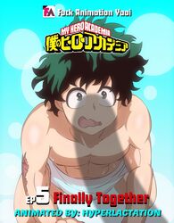 2boys black_hair gay green_hair hyperlactation_(artist) izuku_midoriya male male_focus male_only muscles my_hero_academia scar shadow silly_face towel twink yaoi