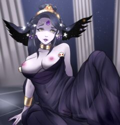 1girls belly_button black_hair gems gold golden_eyes hades_(game) large_breasts lipstick nail_polish no_panties nyx_(hades) pillar purple_lipstick purple_nails pussy redgrel see-through transparent_clothing