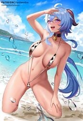 1girls beach bell_collar big_breasts blue_hair cow_print curvy curvy_figure female female_only ganyu_(genshin_impact) genshin_impact horns large_breasts long_hair one-piece_swimsuit pantheon_eve purple_eyes solo solo_female swimsuit thick thighs voluptuous