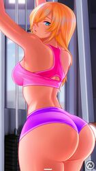 1girls ass ass_cheeks ass_focus big_ass big_breasts blonde_hair blue_eyes booty_shorts cute cuteocong female female_focus female_only green_eyes gym huge_ass jessica large_ass light-skinned_female long_hair looking_at_viewer nutaku presenting_hindquarters short_shorts sleeveless solo sports_bra thick_thighs thin_waist toned_female wide_hips