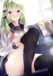 absurdres alternate_costume ass black_thighhighs blue_eyes blush female frog_hair_ornament green_hair hair_ornament hair_tubes highres indoors kochiya_sanae long_hair looking_at_viewer mikan923 neckerchief open_mouth panties red_neckerchief school_uniform serafuku sitting snake_hair_ornament solo thighhighs touhou underwear white_panties white_serafuku window