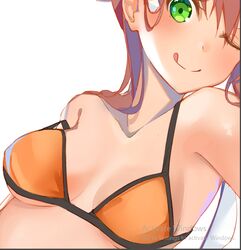 1girls active_windows big_breasts bikini bikini_top breasts brown_hair doki_doki_literature_club female green_eyes looking_at_viewer loose_bikini monika_(doki_doki_literature_club) orange_bikini solo solo_female sticking_out_tongue tongue tongue_out tsunzei wink winking winking_at_viewer xhunzei