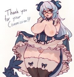 commission commission_art dragon exhibitionism exposing_chest exposing_pussy flashing flashing_pussy glasses half-dressed horns lattel0ver_(artist) lifting_skirt maid original_character tail