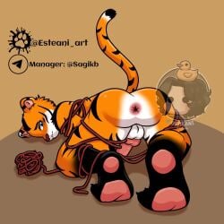 anthro anus artist_logo ass_up backsack ball_of_yarn balls blue_eyes bound embarrassed esteani5 felid felix_grey genitals logo looking_back male mammal pantherine pawpads paws penis pink_pawpads presenting raised_tail red_nose signature solo tail tiger wrapped_up yarn