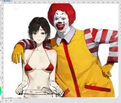 1girls belly_button black_hair bra chainsaw_man clown clown_makeup embarrassed embarrassed_female hairclip heavenmole higashiyama_kobeni kobeni_higashiyama looking_at_viewer medium_breasts ronald_mcdonald slim_waist small_bra small_breasts smiling_at_viewer tagme teenager tied_hair underboob