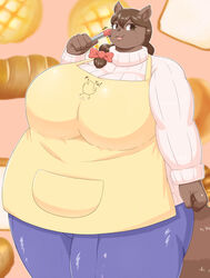 :3 bakery bbw big_breasts blue_pants braffy braided_ponytail bread brown_body brown_fur brown_hair brown_tail cute deer doe fat female female_only fully_clothed furry happy huge_breasts huge_tail inside kitchen_utensils looking_at_viewer original_character overweight pocket slightly_chubby sticking_out_tongue thick_thighs tongs voluptuous white_sweater yellow_apron