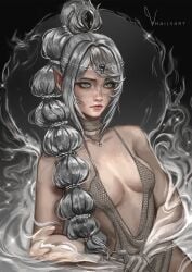 1girls baldur's_gate baldur's_gate_3 breasts cleavage dress female female_only shadowheart whailsart white_hair