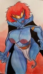 1girls big_breasts blue_skin breasts demona disney earrings female gargoyles huge_breasts loincloth monster_girl nipples red_hair roberto_jaramillo solo traditional_media_(artwork) veiny_breasts watercolor_(artwork)