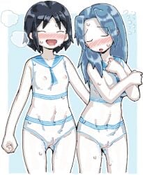 2girls black_hair blue_background blue_hair blush bodypaint closed_eyes colored_skin completely_nude cookie_(touhou) cowboy_shot flat_chest flour_(cookie) flying_sweatdrops kumoi_ichirin long_hair man_(man-room) milk_(cookie) multiple_girls murasa_minamitsu nipples nose_blush nude open_mouth painted_clothes pussy short_hair smile touhou white_skin