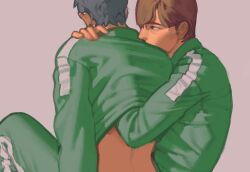 black_hair brown_eyes brown_hair deww2art hand_on_back hwang_in-ho kissing_shoulder light_skinned_male male/male midriff seong_gi-hun short_hair squid_game track_jacket yaoi