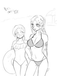 bathing_suit beach bikini black_and_white diavolo innertube jojo's_bizarre_adventure ponytail rule_63 sketch smile tattoo vento_aureo vinegar_doppio