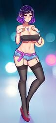 1girls 2d breasts cleavage cutoffs denim_shorts female female_only heels high_heels ikkimay large_breasts necklace paladins pointy_ears purple_eyes purple_hair red_heels red_high_heels short_shorts shorts skye_(paladins) smile solo stockings streetwear tubetop underboob