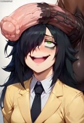 ai_generated animal_genitalia bigtub7775 black_hair happy horse_penis horsecock kuroki_tomoko penis_on_head