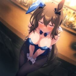 admire_vega_(umamusume) ai_generated animal_ears breasts brown_hair bunnysuit embarrassed female half_ponytail horse_girl long_hair looking_at_viewer purple_eyes umamusume umamusume_pretty_derby