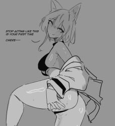 animal_ear_fluff animal_ears arknights armpit_crease blush breasts cat_ears cat_girl cleavage closed_mouth female hair_between_eyes hand_on_own_ass jacket kal'tsit_(arknights) large_breasts leg_up long_sleeves looking_at_viewer nuggetkouhai off_shoulder open_clothes open_jacket pantyhose partially_visible_vulva presenting pussy_juice short_hair smile solo sweat