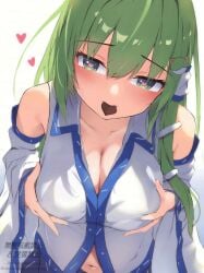 bare_shoulders blush breasts candy chocolate chocolate_heart cleavage collarbone commentary detached_sleeves female food frog_hair_ornament gradient_background green_eyes green_hair grey_background hair_ornament hair_tubes hands_on_own_breasts heart heart-shaped_food heart-shaped_pupils highres kochiya_sanae large_breasts long_hair looking_at_viewer mikan923 mouth_hold navel single_hair_tube snake_hair_ornament solo symbol-shaped_pupils touhou upper_body watermark white_background