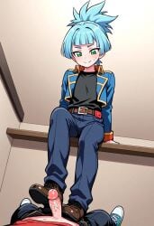 1boy after_running ai_generated aqua_hair crossdressing dominant_male feet femboy femboydom feminine_body feminine_boy feminine_male focus_on_feet focus_on_shoes footjob gay green_eyes pov shiun'in_sora shoejob shoes sora_perse submissive submissive_male sweat trap yaoi yu-gi-oh! yu-gi-oh!_arc-v