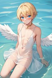 ai_generated angel angel_boy angel_wings blonde_hair blonde_male cute dress femboy femboysub lake male sheer_clothing sheer_dress small smooth soft swimming twink water wet wet_body wet_clothes wet_clothing wet_skin white_dress