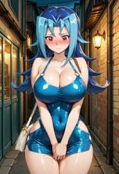 ai_generated bare_shoulders blue_hair blusn building dress_tug embarrassed female female huge_breasts kamishiro_rio lamppost loadred10 long_hair microdress navel nervous red_eyes rio_kamishiro shiny short_dress solo voluptuous_female yu-gi-oh! yu-gi-oh!_zexal