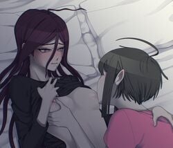 2girls ahoge blush breast_grab breast_sucking breasts clothed clothing color colored danganronpa danganronpa_ultra_despair_girls female female/female female_on_top female_only fukawa_touko looking_at_partner mole_under_mouth multiple_girls naegi_komaru nipples on_back on_bed partially_clothed purple_hair shirt_lift straight_hair sucking sucking_nipples touching_nipples yumemi9603 yuri