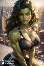 abs ai_generated big_breasts breasts female_only green_eyes green_hair green_skin huge_breasts jennifer_walters large_breasts marvel marvel_comics muscular muscular_female naughty_neurals she-hulk solo_female thick_thighs wide_hips