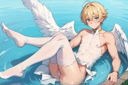 ai_generated angel angel_boy angel_wings blonde_hair blonde_male cute dress femboy femboysub innocent lake male sheer_clothing sheer_dress small smooth soft swimming twink water wet wet_body wet_clothes wet_clothing wet_skin white_dress