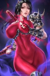 absurdres armor black_hair bodysuit breasts covered_navel cowboy_shot female highres impossible_bodysuit impossible_clothes kuji-in large_breasts parted_lips ponytail red_bodysuit shoulder_armor solo soul_calibur sword taki taki_(soulcalibur) weapon wtparadise