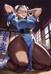 1girls ai_generated arms_behind_back arms_up big_breasts brawl_stars breasts chun-li chun-li_(cosplay) colette_(brawl_stars) female female_only legwear thick thick_ass thick_thighs thighs voluptuous voluptuous_female white_hair willowlover071