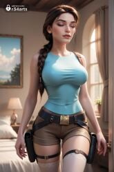 1girls ai_generated artist_name bed bedroom belt blurry braid breasts brown_hair brown_shorts closed_eyes covered_navel cowboy_shot eyeshadow hair_over_shoulder hi_res holster indoors lara_croft lara_croft_(survivor) large_breasts lips long_hair makeup mole mole_under_eye r34arts short_shorts shorts single_braid sleeveless solo taut_clothes thigh_holster thighhighs tomb_raider tomb_raider_(survivor) white_thighhighs window