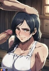 1boy ai_assisted ai_generated apron attack_on_titan black_hair blush carla_jaeger female glans golden_eyes hand_on_head imminent_blowjob large_breasts looking_at_viewer mature_female milf normal_penis precum seductive_look seductive_smile shingeki_no_kyojin sweat titanlust uncensored veiny_penis white_apron