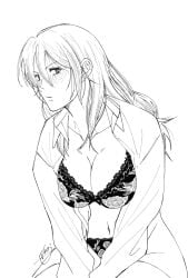 big_breasts blush bra canon_genderswap cleavage dress_shirt female female_only genderswap_(mtf) gintama kondou_goriko kondou_isao lace-trimmed_bra lace-trimmed_panties line_art lingerie long_hair looking_at_viewer monochrome open_shirt panties rule_63 shocacao72 sitting solo underwear