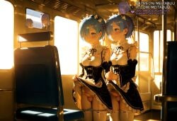 2girls ai_generated apron balls black_dress black_ribbon black_sleeves blue_eyes blue_hair blue_panties blush breasts bus censored closed_mouth clothes_lift detached_sleeves dress dress_lift erection female flower frills futa_with_futa futanari garter_straps hair_ornament hair_over_one_eye hair_ribbon head_wreath holding_hands intersex lifted_by_self long_sleeves maid maid_headdress medium_breasts meitabuu mosaic_censoring multiple_girls open_mouth panties panty_pull penis penises_touching pink_ribbon re:zero_kara_hajimeru_isekai_seikatsu rem_(re:zero) ribbon ribbon_trim roswaal_mansion_maid_uniform short_hair siblings sisters small_breasts smile standing testicles thighhighs train_interior twins underwear waist_apron white_apron white_panties white_thighhighs wide_sleeves window x_hair_ornament