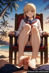 ahoge ai_generated ariavisions artoria_pendragon blonde_hair fate_(series) footjob green_eyes licking_lips ribbon saber sitting