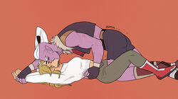 2girls adora assertive blonde_female blonde_hair closed_eyes clothed dmsr_ female female_only held_down holding_arms huntara kissing muscular_female plain_background pointy_ears ponytail purple_skin she-ra_and_the_princesses_of_power tied_hair white_hair yuri