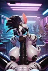 ai_generated anthro black_penis blowjob elbow_gloves futa_pov futanari horsecock latex nightclub penis pov thighhighs zebra