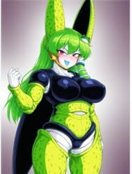 absorbed absorbing ai_generated cell_(dragon_ball) cell_sanae crossover dragon_ball evil_grin female_cell fusion genderswap_(mtf) kochiya_sanae perfect_cell possession pussy pussy_juice transformation