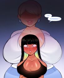 2girls bangs big_breasts black_eyes black_hair blonde_hair blunt_bangs breasts_bigger_than_head cinnabus cleavage dark-skinned_female dark_skin dialogue earrings english_text eyes_wide_open female female_only from_behind heart_marking hi_res huge_breasts long_hair milf multicolored_hair obscured_eyes original original_character original_characters short_hair size_difference smug sona_(cinnabus) sophie_(cinnabus) speech_bubble tank_top