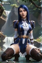 1girls ai_generated arcane arcane_caitlyn armor artist_name ascot belt blue_eyes blue_hair boots breasts brown_belt brown_footwear brown_thighhighs caitlyn_(league_of_legends) caitlyn_kiramman dress elbow_gloves gloves gumroad_username hi_res league_of_legends lips long_hair looking_at_viewer medium_breasts netflix open_mouth outdoors parted_lips pauldrons r34arts riot_games short_sleeves shoulder_armor solo spread_legs squatting thigh_boots thighhighs tree twitter_logo water waterfall wet white_ascot