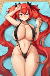 1girls ajidot alternate_costume breasts curvy female female_only highres huge_breasts last_origin lying may_of_doom may_of_doom_(atomic_sexy_swimsuit)_(last_origin) mole mole_on_breast navel official_alternate_costume red_hair slingshot_swimsuit solo swimsuit thighs twintails