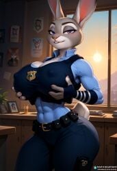 1girls ai_generated alternate_body_type alternate_breast_size anthro big_breasts breasts bunny bunny_ears cleavage disney female female_only grey_body grey_fur huge_breasts judy_hopps large_breasts patmmp0102 purple_eyes sideboob solo underboob zootopia